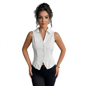 2025 <b>Spring</b> Slim Short <b>Cardigan</b> Top Women New European American Style Striped Sleeveless Shirt Collar Button 100% Polyester - Product Image 3
