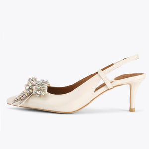 Women Mid Heels Stiletto Summer Pointed Toe Front Diamonds Bow Slingback Shoes Dress on Back Strap Velvet <b>Pumps</b> - Product Image 4