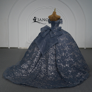 Xybb06-Pz Dusty Blue Quinceanera Ball Gown <b>Silver</b> Embroidery Corset Glitter Chiffon Natural Vintage Formal Evening Party - Product Image 2