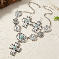 Bijoux rétro européens et américains, collier avec pendentif en forme de croix personnalisé incrusté de turquoise, boucles d'oreilles Joker pour femme