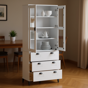 Vetrina Bianca con Ante in Vetro e Cassetti, Arredamento Moderno per la Casa, Stile in Legno di Pino e Pannelli MDF - Product Image 2