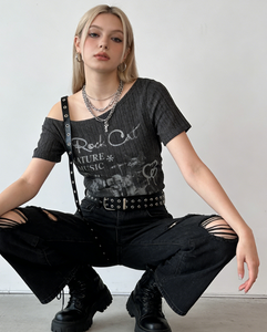 T-<span class=keywords><strong>shirt</strong></span> asymétrique <span class=keywords><strong>vintage</strong></span> imprimé chat <span class=keywords><strong>rock</strong></span>, bretelles réglables, streetwear Y2K pour <span class=keywords><strong>femme</strong></span>, coton/fibre de bambou - Product Image 2