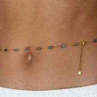 Chaîne de ventre réglable en acier inoxydable poli avec perles de verre bleues, bijou de corps doré irrégulier pour l'été, la plage et le quotidien