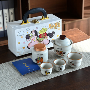 Juego de Té de Cerámica con Diseño de Caballo, 5 Piezas, Portátil, para Viaje, Estilo Kung Fu, con Tapa de Madera, Diseño de Anime - Product Image 4