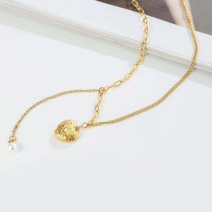 Collier en acier inoxydable plaqué or 18 carats à double couche avec chaîne combinée, cœur et perle - Luxe léger pour les fêtes et le quotidien - Product Image 4