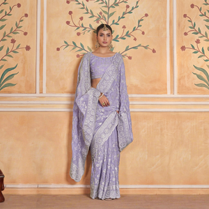 Purple Gold Crunchy Embroidered Quick Dry <b>Saree</b> Set <b>Blouse</b> for Women Traditional Indian Wedding Wear Floor-Length Regular Fit - Product Image 1