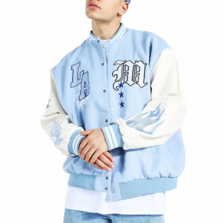 OEM custom chenille embroidery logo leather sleeves light blue baseball bomber letterman varsity jacket for men