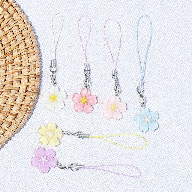 Kawaii Phone Charm Y2K Anime Cherry Blossom Colorful Transparent Resin Flower Keychain Bag and Phone Hanging Accessories