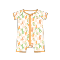 Romper Bayi Lengan Pendek Serat Bambu Bermotif Satu Potong dengan Ritsleting Depan dan Trim Kontras untuk Pemakaian Sehari-hari