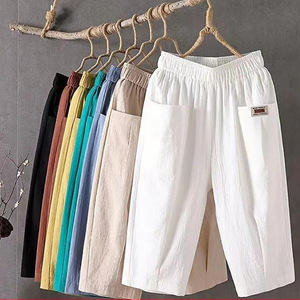 <span class=keywords><strong>Pantalon</strong></span> Capri d'été en coton et <span class=keywords><strong>lin</strong></span> pour <span class=keywords><strong>femme</strong></span>, <span class=keywords><strong>taille</strong></span> XL, décontracté, polyvalent, confortable, respirant, coupe ample pour petites pieds - Product Image 1