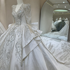 Abito da <span class=keywords><strong>sposa</strong></span> principale a manica lunga stile grande coda corte pesante industria con scollo a V abiti da <span class=keywords><strong>sposa</strong></span> Dw0074 - Product Image 4