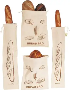 Özel eko pasta şef hediye hamur gıda depolama taşınabilir organik keten dikdörtgen pamuk büzme ipi ekmek poşeti