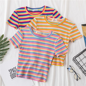 Nueva Camiseta para Mujer, Camiseta de Rayas Arcoíris, Camiseta Ajustada, Camiseta Harajuku, Camiseta de Verano de Manga Corta, Camiseta Coreana, Ropa Femenina - Product Image 1