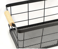 Organisateur de rangement rectangulaire moderne et écologique pour cuisine, avec base en bois multifonctionnelle, panier en fil métallique et poignées, étagère de rangement