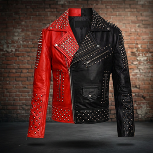 Veste en cuir PU pour homme, rouge et noir, style vintage, col rabattu, fermeture éclair, coupe ajustée, hiver - Product Image 4