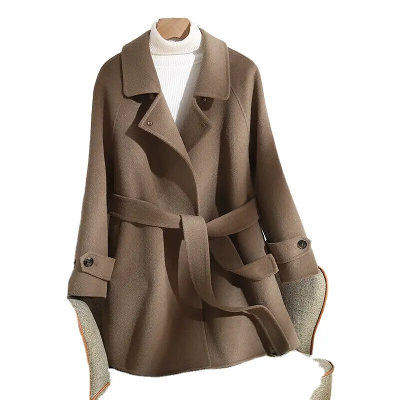 Trench-coat en cachemire double face pour femme 100% moyen long ceinturé veste en laine ample femmes élégant trench-coat