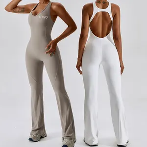 XW-CLT8117 Wholesale Custom U Neckline Fitness Long Flared Bodysuit Backless Yoga Jumpsuit Active One Piece Workout Jumpsuit