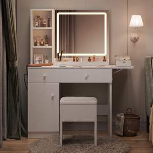Coiffeuse avec miroir et éclairage, coiffeuse de maquillage avec station de charge, ensemble de coiffeuse avec armoire de rangement, tiroirs et chaise - Product Image 5