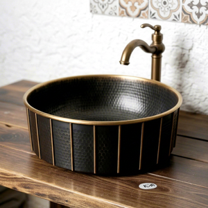 Lavabo de latón hecho a mano, negro y dorado, martillado, para baño, decorativo, de lujo, estilo antiguo, accesorio para baño. - Product Image 1