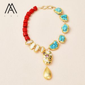 <span class=keywords><strong>Collana</strong></span> <span class=keywords><strong>di</strong></span> Perle Naturali, <span class=keywords><strong>Corallo</strong></span> Rosso e Turchese Blu con Perline, Unisex, Placcata Oro con Rame, Stile Trendy, Gioiello Popolare per Feste - Product Image 6