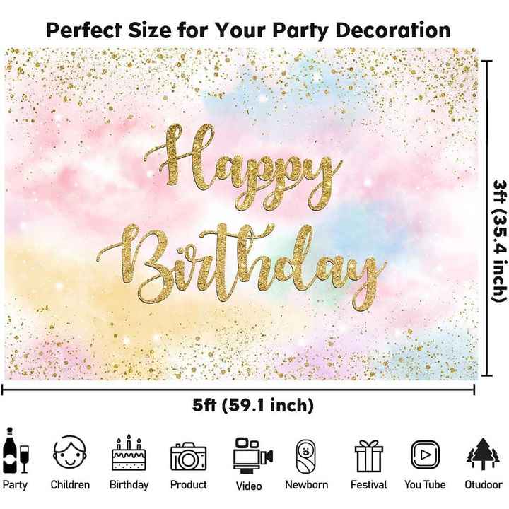 Sensfun Rainbow Birthday Backdrop Colorful Pastel Clouds Happy Birthday Party Decorations Banner Glitter Party Balloons