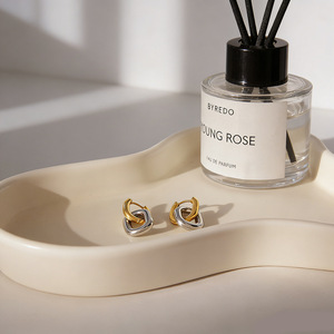 Stainless Steel Color <b>Blocked</b> Huggie Earrings Geometric U <b>Shape</b> Two Tone For Everyday Wear - Product Image 2