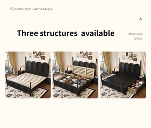 Mid Century Modern Bedroom Storage <strong>Bed</strong> with Rattan Details | Vintage Rattan Four Poster Storage <strong>Bed</strong> Dark Solid Wood Platform <strong>Bed</strong> - Product Image 1