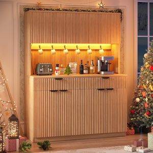 Armoire <span class=keywords><strong>de</strong></span> rangement <span class=keywords><strong>de</strong></span> cuisine moderne en bois avec éclairage LED, portes vitrées, étagères réglables, support pour micro-ondes, grande capacité - Salle à manger/<span class=keywords><strong>Salon</strong></span> - Product Image 2
