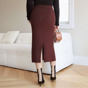 Jupe longue en tricot taille haute Runqi N8538, couleur unie, pour femme, automne-hiver, grande taille, marron - Product Image 5