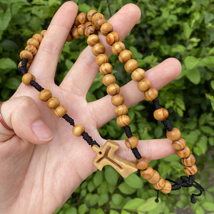 橄榄木念珠与Tau十字可调编织项链男士7 * 8毫米木珠手工念珠 - Product Image 3