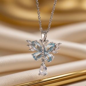 Collar De Acero Inoxidable Stainless Steel Chain <b>Necklace</b> Jewelry Pink <b>Blue</b> Zircon Butterfly Charm Clavicle Chain <b>Necklace</b> - Product Image 5