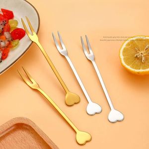 Fourchette à dessert créative en acier inoxydable 304, or et argent, en forme de cœur, à deux dents, pour gâteaux et fruits - Product Image 1
