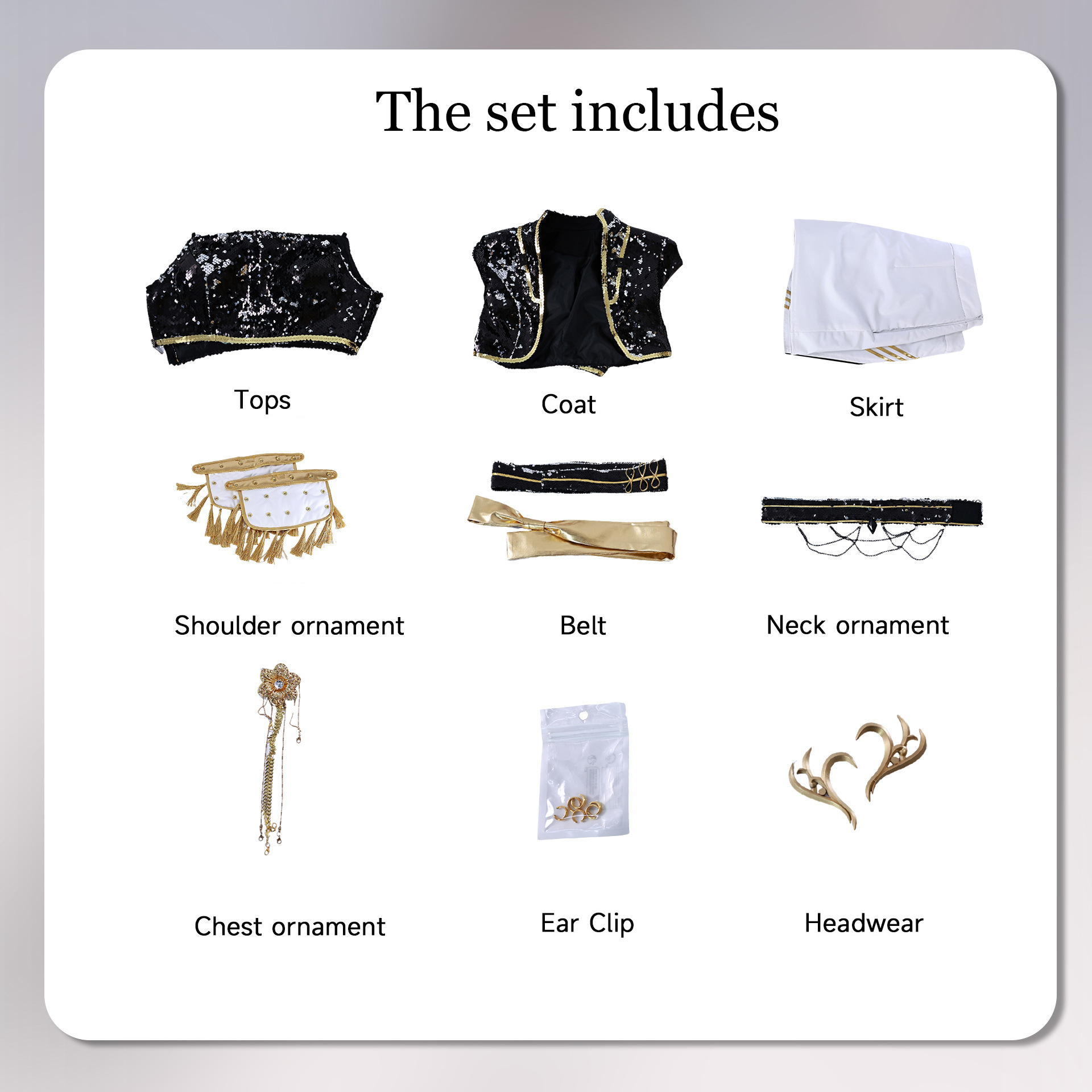 Vêtements et accessoires dorés à blindage métallique