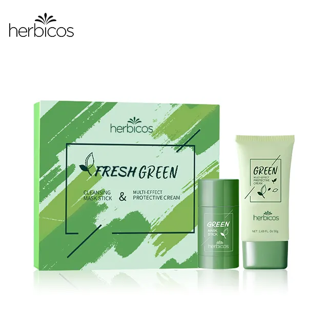 Herbicos OEM ODM 스킨 케어 녹차 클린 클레이 페이스 스틱 뷰티 브라이트닝 멀티 효과 보호 페이셜 스킨 케어 세트