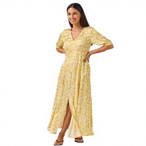 Vestido Maxi Amarillo con Estampado Floral para Mujer, Verano 2026, con Cuello en V y Abertura Lateral, Ligero y Fluido, Estilo Boho, para Vacaciones en la Playa - Product Image 3