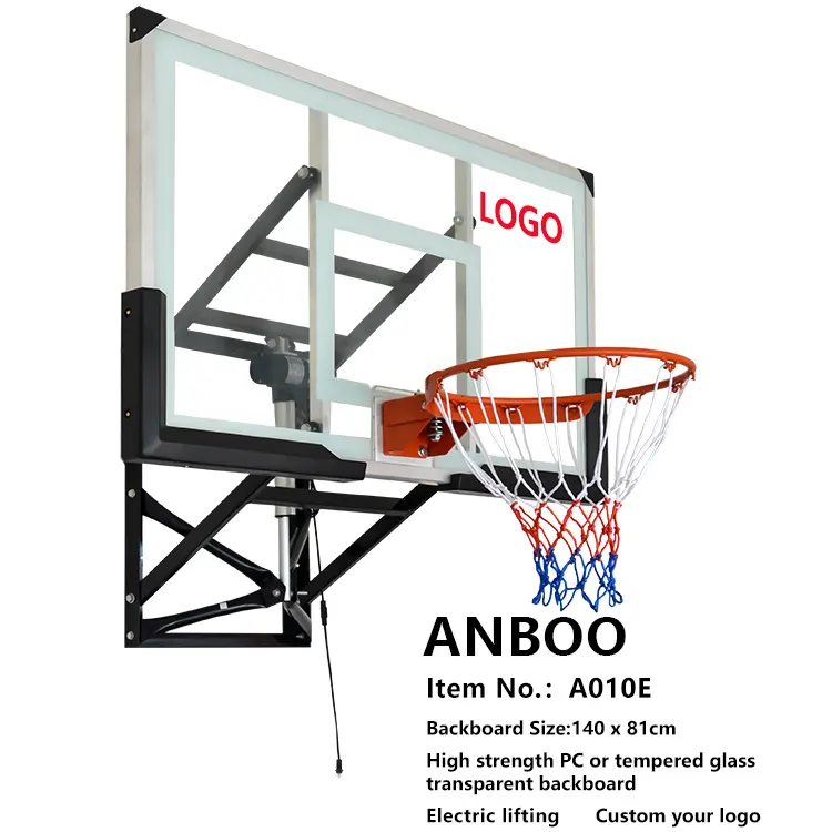 Tabla de baloncesto montada en la pared, de altura ajustable eléctricamente, con PC o vidrio templado