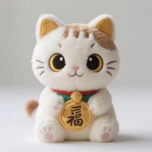 พวงกุญแจแมวนำโชคมาเนกิเนโกะน่ารักแบบขายส่ง สีขาวเหลือง ตุ๊กตาแมวนุ่มนิ่ม ของเล่นตุ๊กตาสัตว์ - Product Image 1