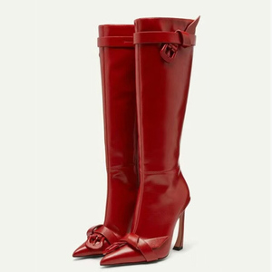 Women's Top Knot Belt Knee High Boots Pointed Toe Metal Buckles Long Booties Stiletto <b>Hook</b> Shape Heels Stage <b>Shoes</b> - Product Image 3