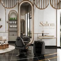Salon de coiffure moderne de luxe léger, design intérieur complet, cloison en métal or champagne, comptoir de réception incurvé, mobilier de barbier