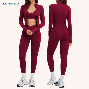 Set Yoga da 3 Pezzi per Donna: Giacca a Maniche Lunghe, Leggings Modellanti, <span class=keywords><strong>Abbigliamento</strong></span> <span class=keywords><strong>Fitness</strong></span> Traspirante Personalizzato - Product Image 1