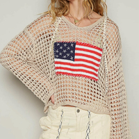 Fabricant personnalisé pour femmes 4 juillet à manches longues drapeau américain à capuche mince tricot Smock Top Independence Day Sweater Pullover