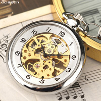 Montre de poche mécanique squelette de luxe argentée à remontage manuel pour homme avec chaîne FOB, montre de poche unisexe en acier lisse pour femme