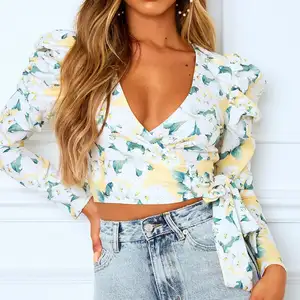 2021 Ladies Spring V neck Long Sleeve Pleated Tops Print Sexy Fashionable Woman Bandage Blouses Elegant