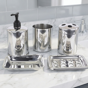 Stainless Steel Bathroom Set 5 Piece Modern Round <b>Toothbrush</b> <b>Holder</b> Soap Dispenser Tumbler Tray Easy To Clean - Product Image 2