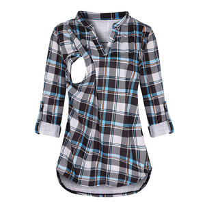 Camiseta Holgada con Estampado a Cuadros y Manga 3/4, Cuello en V, para Maternidad y Lactancia, Ropa para Mujeres Embarazadas y Lactantes, OEM/ODM - Product Image 2
