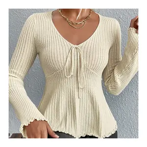 2024 Women New Loose V-Neck Drawstring Lace Up Ruffle Edge Skirt Knitted Pullover Sweater