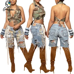 2023 Summer Women Clothing Distressed High Waist Ripped Short Denim Pants Hole Stretch Shorts Jeans For Women