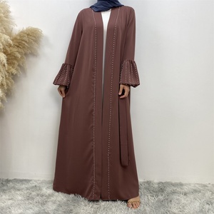 1961# Gorgeous Arab Front Open Abaya With Small White Pearls Latern Cuff Dubai Nida Abayas <b>Cardigan</b> With Side Pockets 5 Colors - Product Image 6