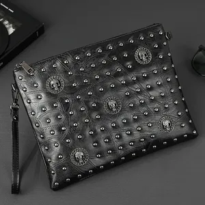 2024 New European Style Ghost Head Pattern Rivet Clutch Bag Large Capacity Wholesale Cheap Business PU Leather Handbag For Men