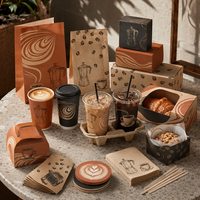 Kit d'emballage pour café à emporter de marque, gobelets personnalisés imprimés, porte-gobelets, sacs en papier, boîtes de boulangerie